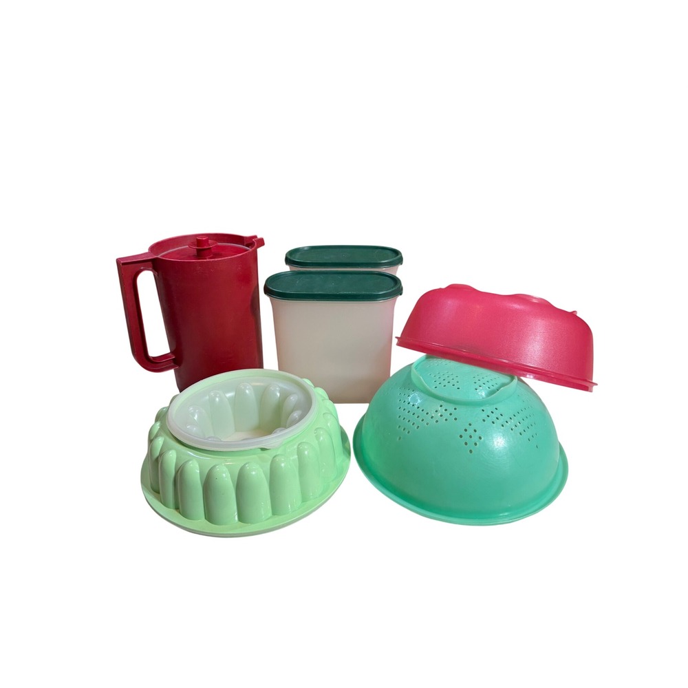 Vintage Tupperware Lot Red Green Colanders Pitcher Modular Mates Retro Kitchen